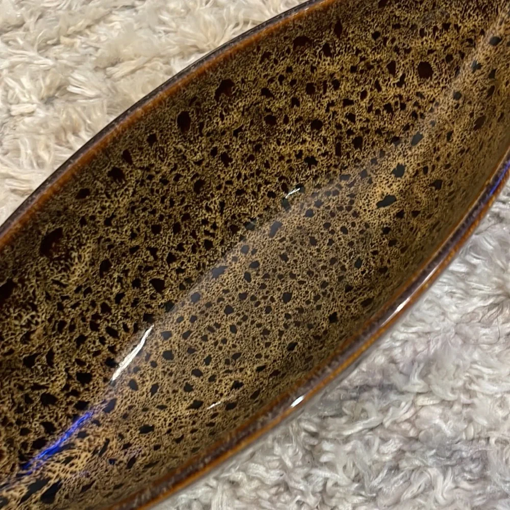 14” Ceramic Boat Bowl Oval Decorative Peacock‎ Feather Brown Red Maroon Tan